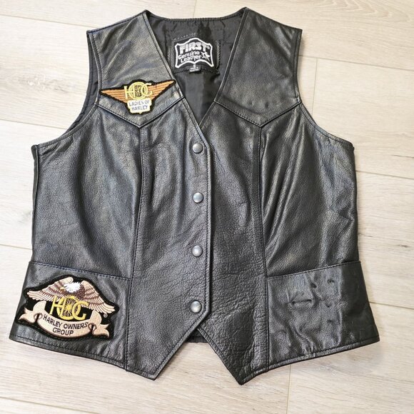 Harley Davidson Jackets & Blazers - Vtg First Genuine Leather Ladies Harley Small Black Snap Button Vest Eagle Back